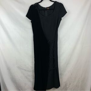 VINTAGE 90s Y2K Practical Magic Witchy Black Velvet Lace Up Midi‎ Dress S/M